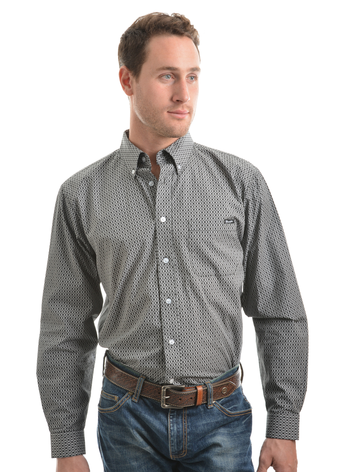 Mens Saxon Print L/S Shirt, Grey