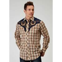 Mens Karman Brown Plaid Embroidered Shirt