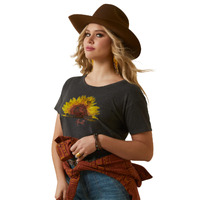 Womens Sunflower Cow Tee, Charcoal Heather