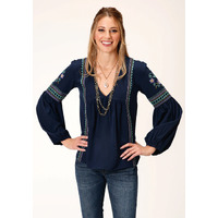 Womens Studio West Embroid Blouse, Navy