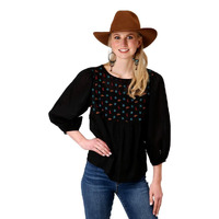 Womens Five Star Embroidered Blouse, Black