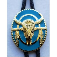 Gold/Turq Steer Skull with Feather Bolo Tie