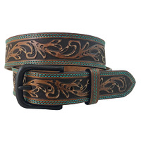 Womens Buffalo Leather Tooled Belt, Brown