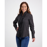 Womens Black Ruffle Shirt with White Spots