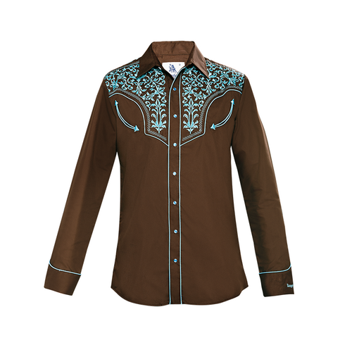 Mens Western Embroidered Shirt, Brown & Turq [Size: S]