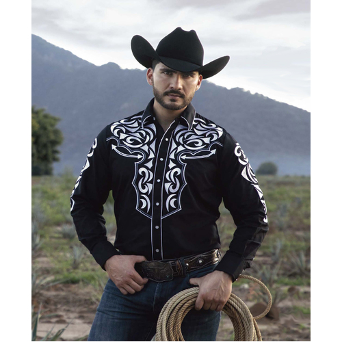 Mens Western Embroidered Shirt, Black & White [Size: S]