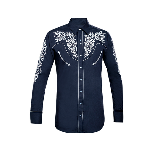 Mens Western Embroidered Shirt, Navy & White [Size: S]