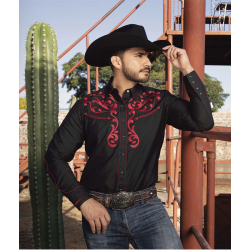 Mens Western Embroidered Shirt, Black \u0026 Red
