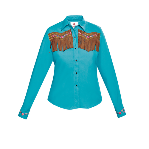Womens Western Fringed Shirt, Turquoise [Size: S]