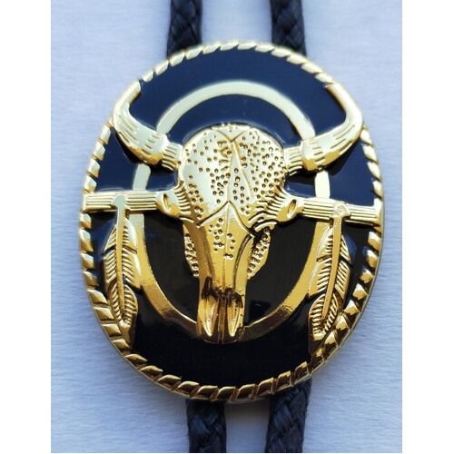Gold/Black Steer Skull with Feathers Bolo Tie