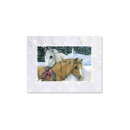 Christmas Card DE - 2 Horses & Wreath