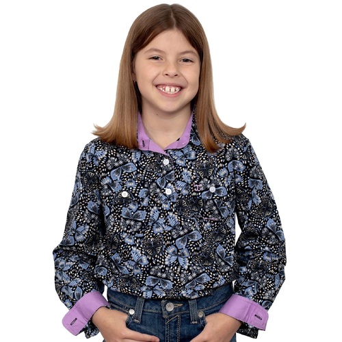 Girls Harper 1/2 Button Shirt, Black Butterflies [Size: XS]